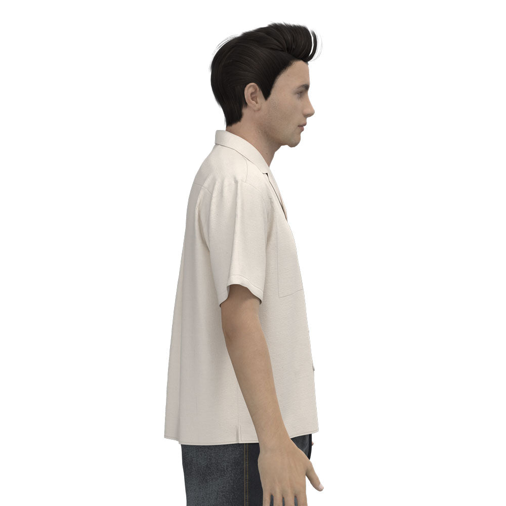 Male avatar wearing Saywood's bowling shirt development, side view right