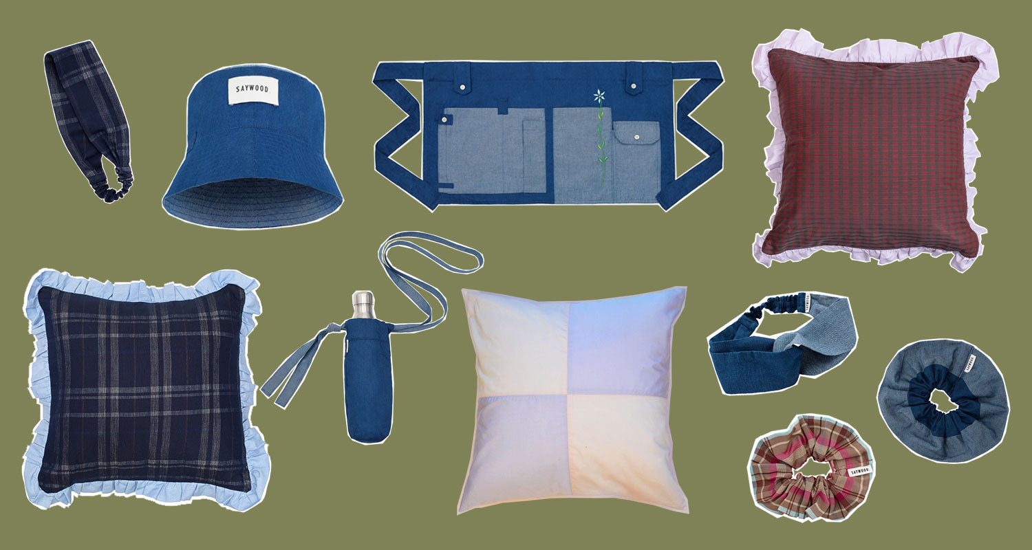 Handmade sustainable luxury gifts on a green background. Homeware and accessories, cushions, bucket hat, scrunchies, headbands, gardener's tool belt, water bottle holder