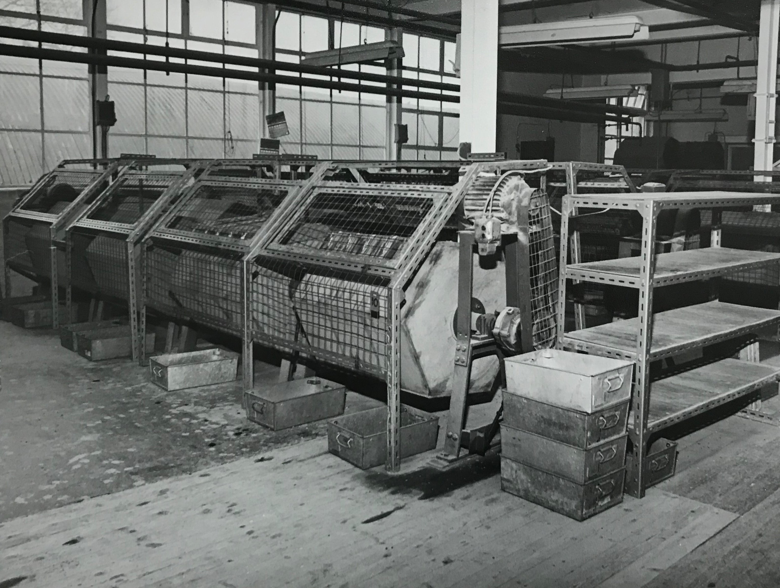 Photo of the original button polishing barrels at the James Grove & Sons' factory