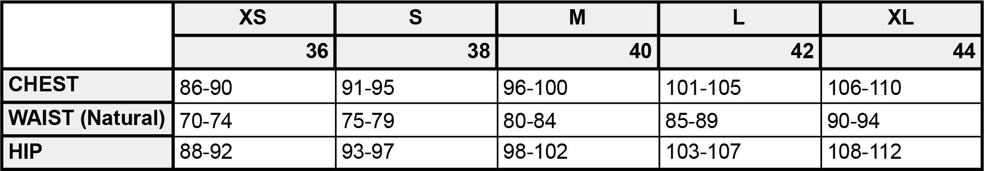 Menswear size guide for Saywood showing measurements