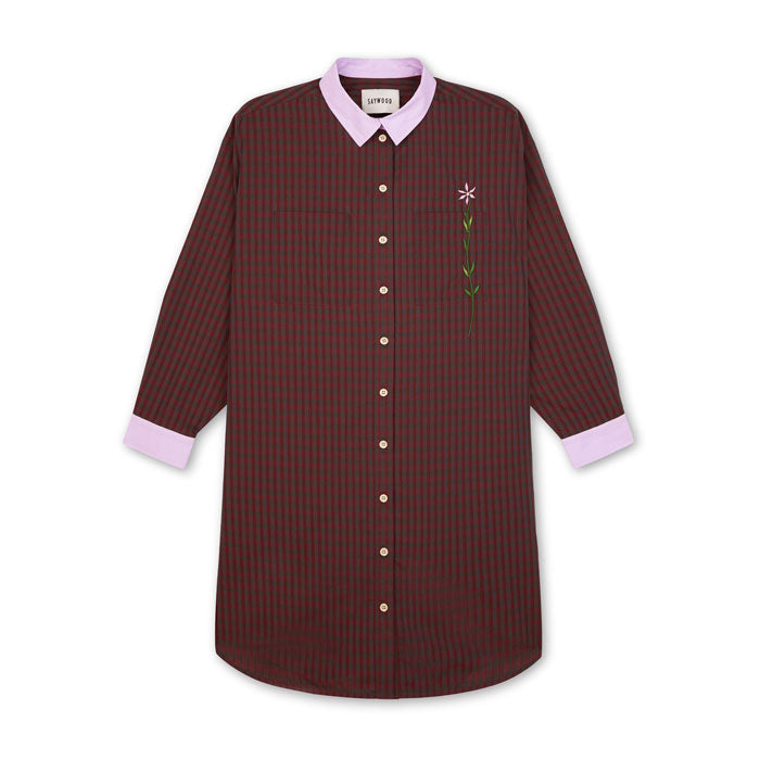 Red check shirtdress with lilac collar and cuffs