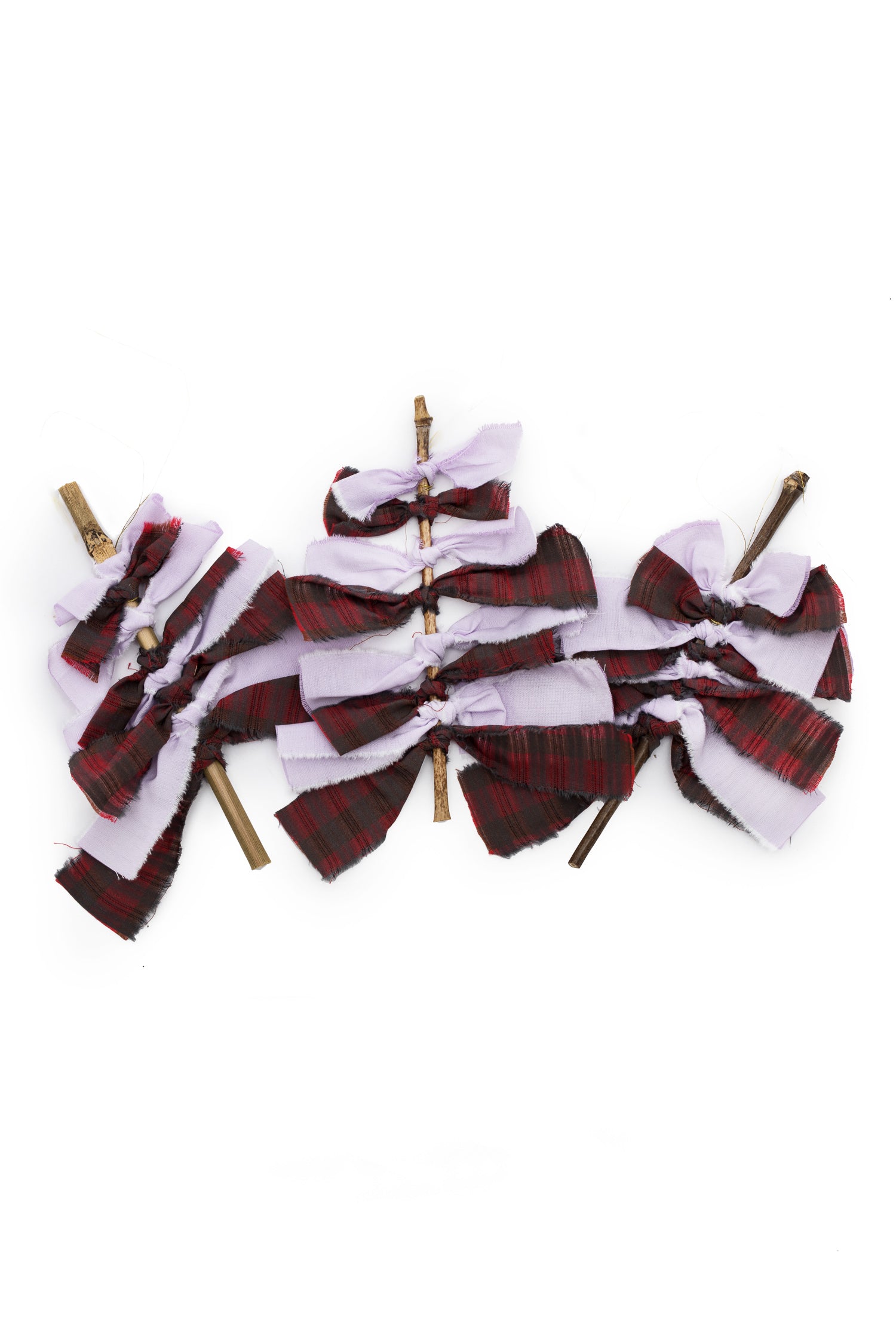 Sustainable Christmas decorations, Christmas tree made from bamboo, red tartan and lilac cotton