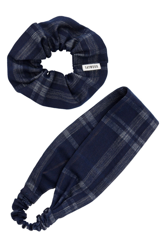 Navy Check Headband and scrunchie by Saywood: cut from fabric offcuts and to be zero waste