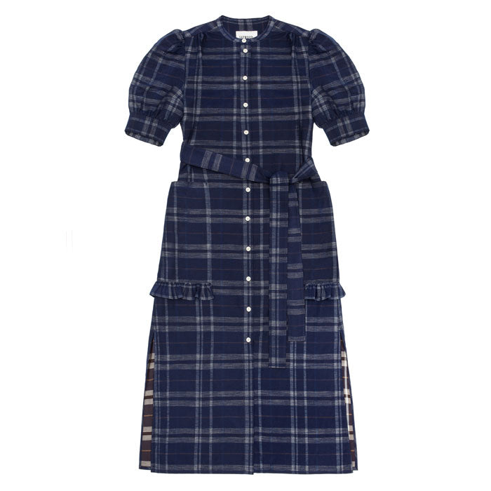 Navy check dress with puff sleeves