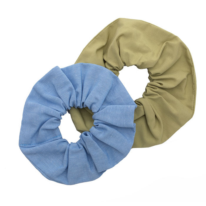 Olive and Pale Blue Scrunchie Duo Set by Saywood: cut from fabric offcuts and to be zero waste