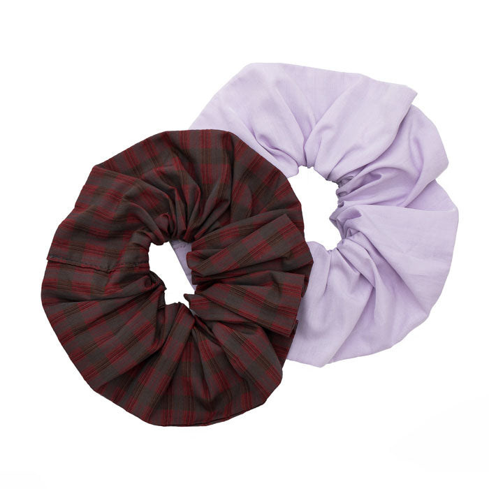 Red Tartan and lilac Scrunchie Duo Set by Saywood: cut from fabric offcuts and to be zero waste