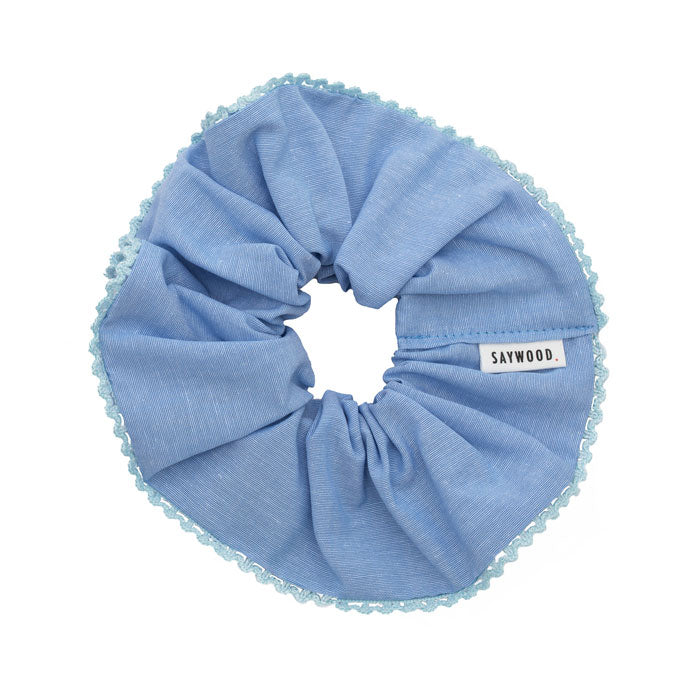 Lace Trim Scrunchie in pale blue recycled cotton by Saywood: cut from fabric offcuts and to be zero waste