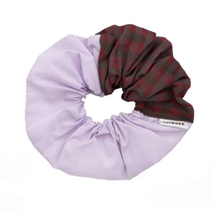 Red Tartan and Lilac Patchwork Scrunchie by Saywood: cut from fabric offcuts and to be zero waste