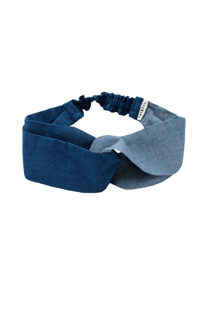 Japanese denim patchwork Headband by Saywood, made in London from fabric offcuts