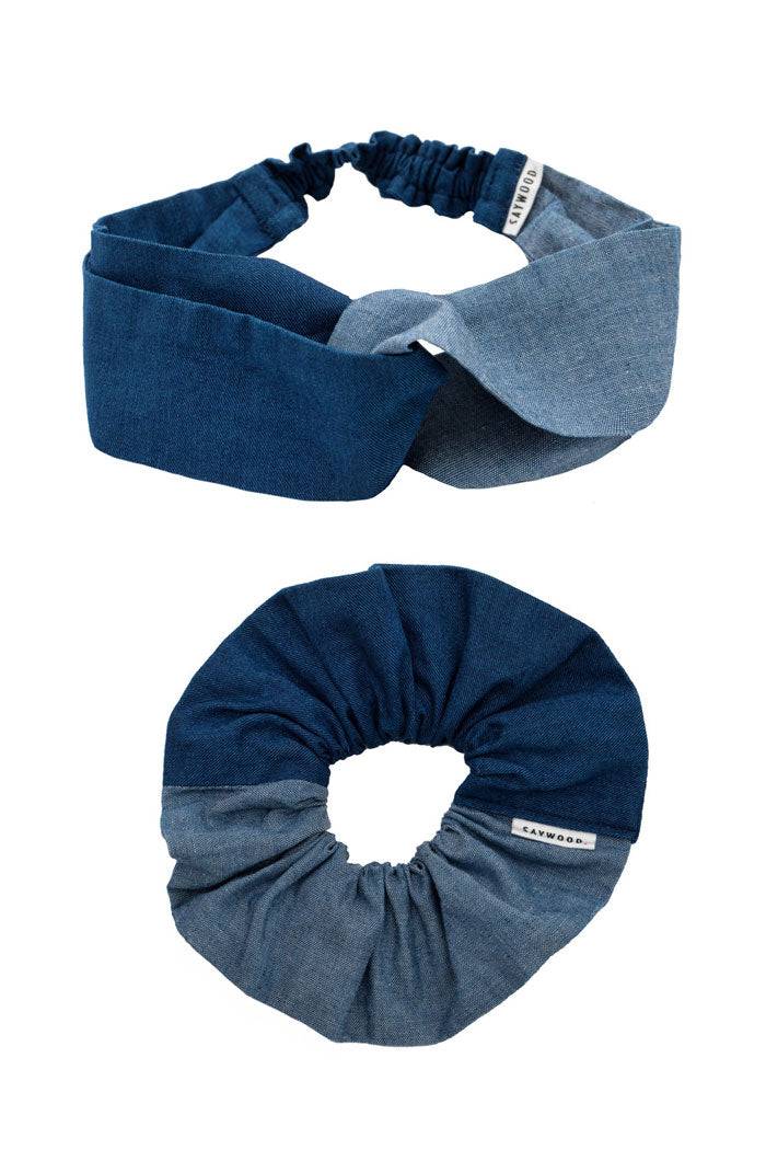 Japanese Denim Patchwork Headband and scrunchie by Saywood: cut from fabric offcuts and to be zero waste