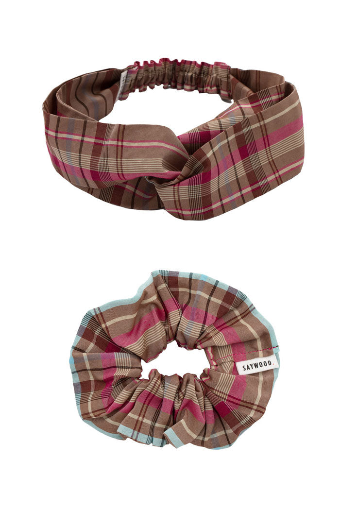 Silky Pink Check Headband and scrunchie by Saywood: cut from fabric offcuts and to be zero waste