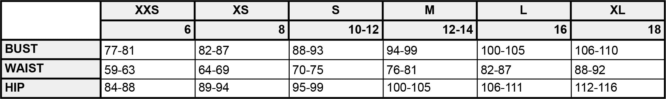 Womenswear size chart for Saywood with measurements