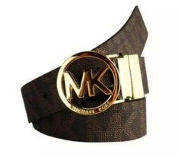 Michael Kors Belt Reversible Chocolate/ Black Logo Gold Circle Buckle Logo  | Bellara UAE