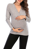 Momnfancy Solid Color V-neck Long Sleeve Nursing Maternity T-Shirt