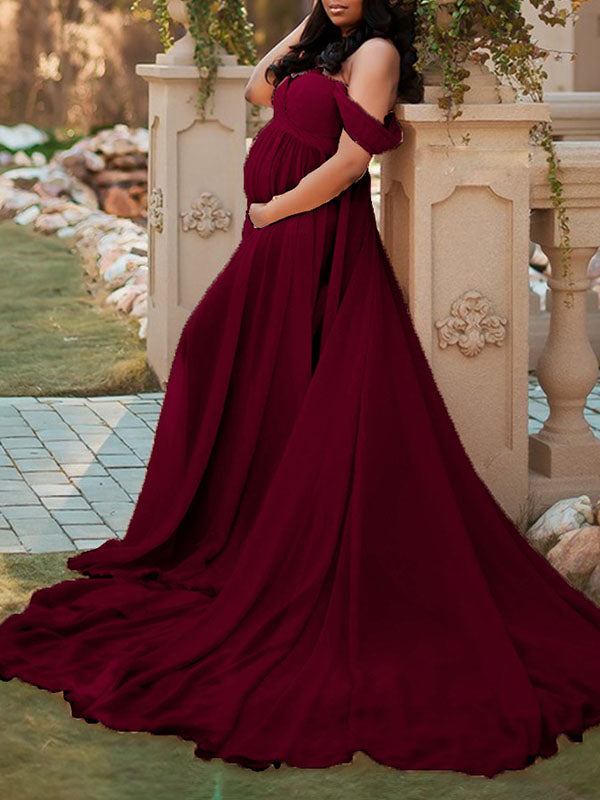 Momnfancy V Neck Off Shoulder Cup Sleeve Solid Flowy Photoshoot Maternity Maxi Dress Momnfancy 