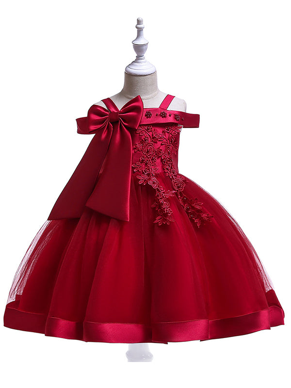 Girls Grenadine Lace Pleated Off Shoulder Bow Tutu Prom Party Dress