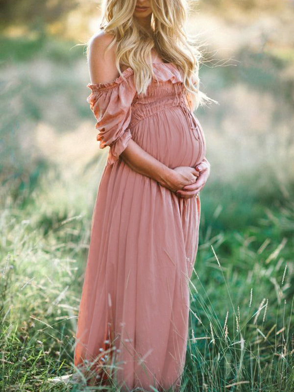 Momnfancy Ruffle Off Shoulder Draped Boho Smocked Baby Shower Photoshoot  Maternity Maxi Dress – momnfancy