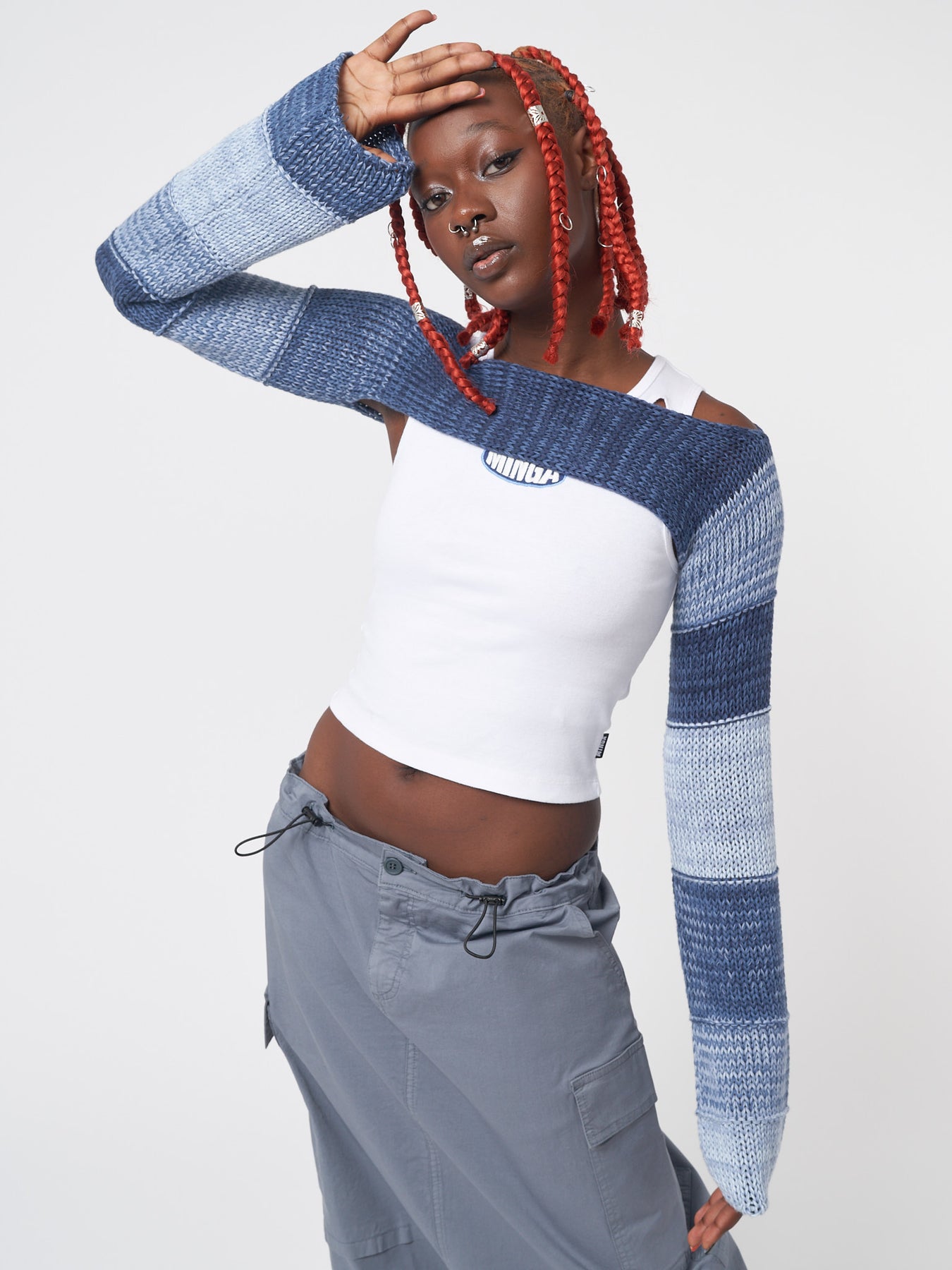 Fusion Blue Patchwork Knitted Shrug | Minga London