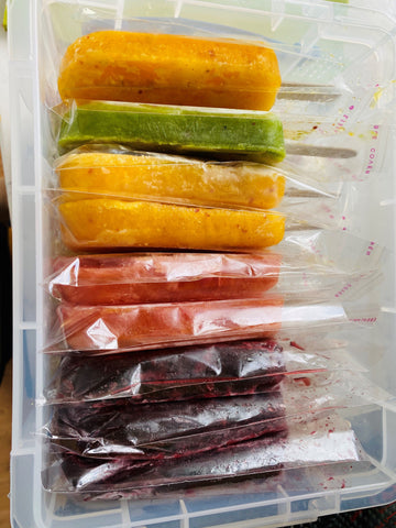 Rainbow of Mexican Paletas in sleeves stored in the freezer