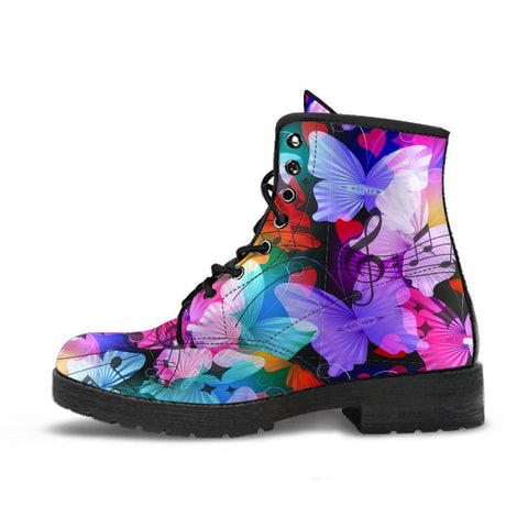 Image of Colorful Musical Notes Butterflies Womens Vegan Leather Boots, Custom Boots,Boho Chic boots,Spiritual,Comfortable Boots,Decor Womens Boots