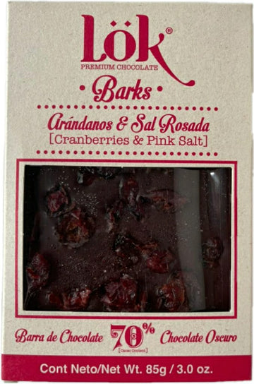 Barra de Chocolate Oscuro Barks Lok con Arándanos y Sal Rosada x 85 g.