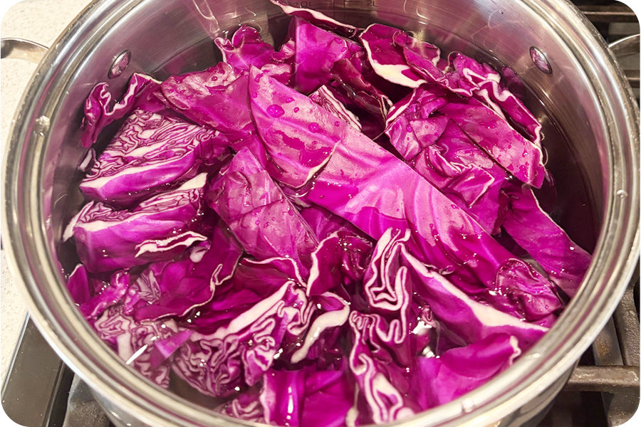 simmering red cabbage dye for easter eggs