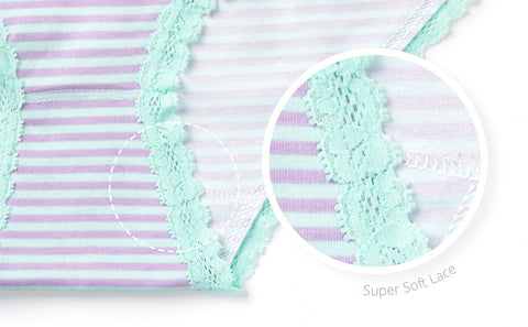closeup of purple and white stripe Ava bikini underwear with lace trim