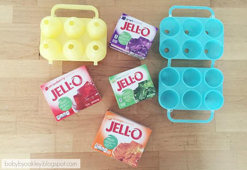 Colorful egg holders and Jell-O packages