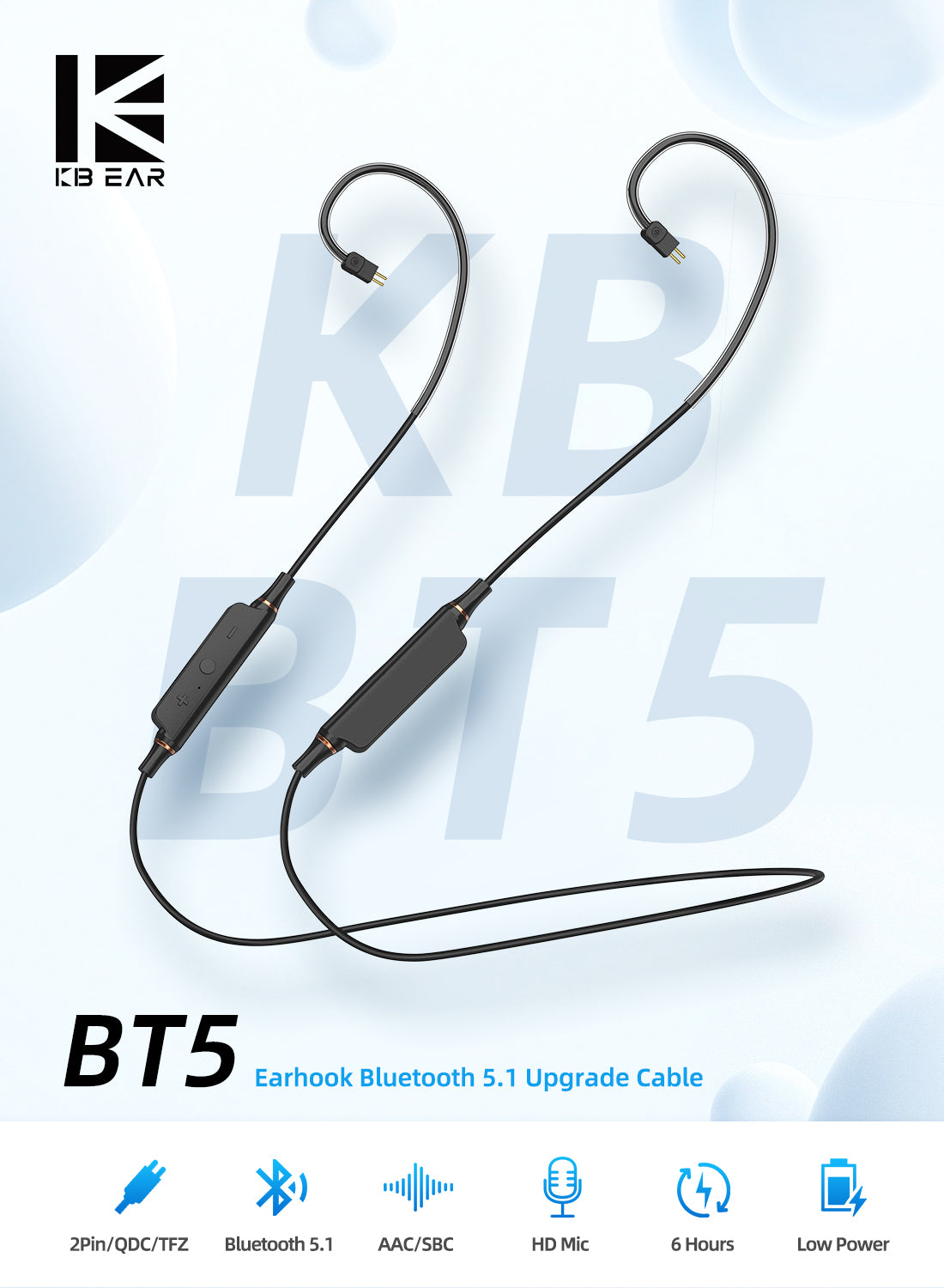 【KBEAR BT5】Earhook Bluetooth 5.1 Upgrade Cable HD Mic