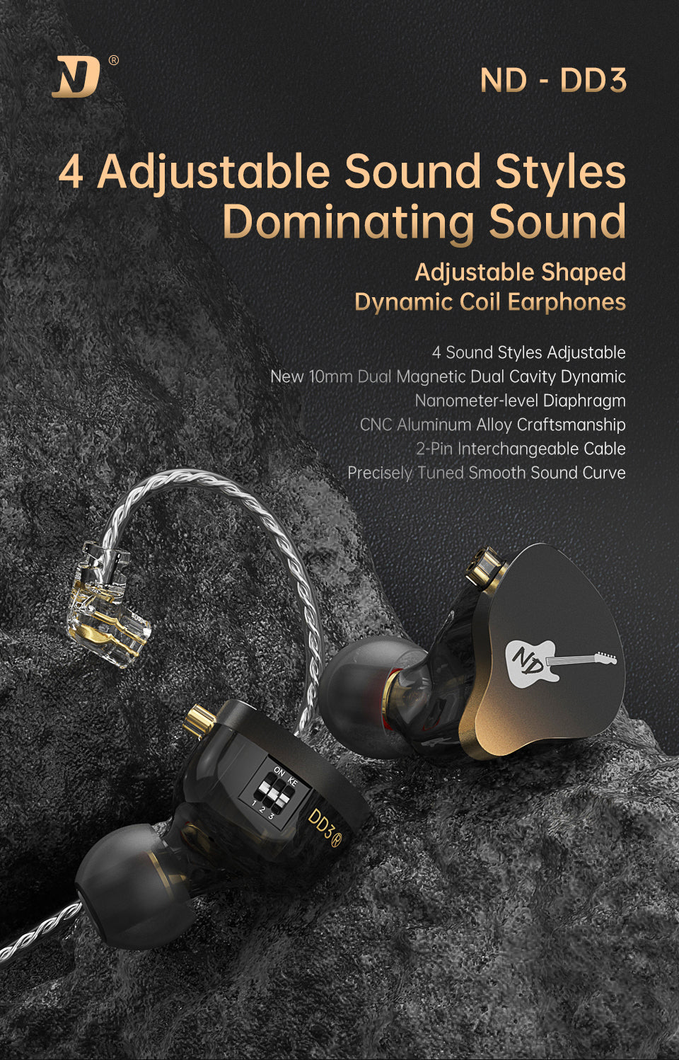 【ND DD3】HIFI In Ear Monitor Earphone Adjustable Shaped Dynamic Noise Cancelling Earbuds
