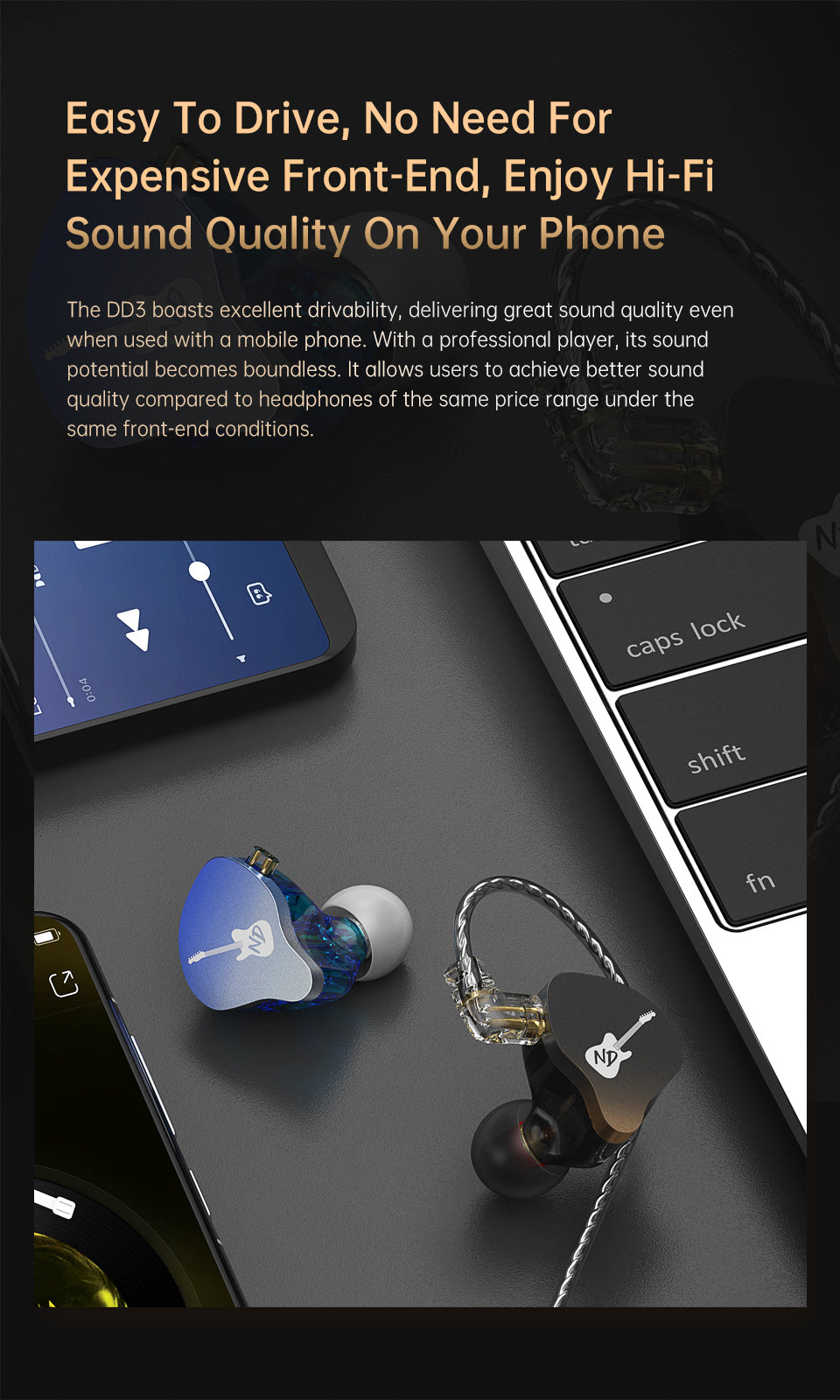 【ND DD3】HIFI In Ear Monitor Earphone Adjustable Shaped Dynamic Noise Cancelling Earbuds