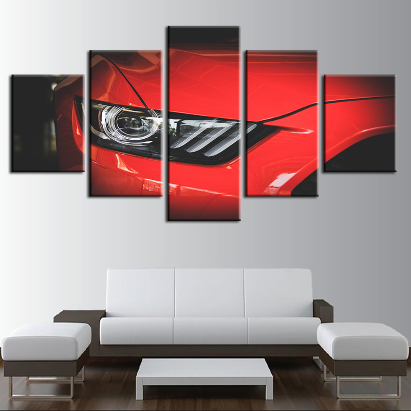 5 Piece Front Headlight Close Up Red Classic Car - Canvas Wall Art Pai