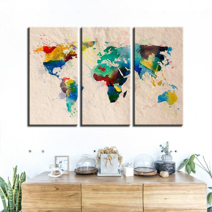 3 Piece Beautiful Abstract Rainbow Color World Map - Canvas Wall Art Painting