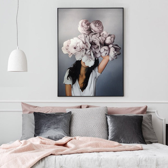 Floral Girl Wall Art Pictures Beauty - Canvas Wall Art Painting ...
