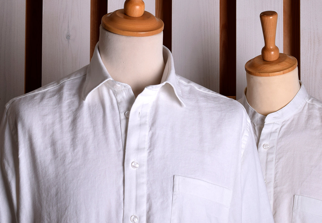 White Linen / Cotton Herringbone Shirt - Classic Collar or Collarless (SH2211)