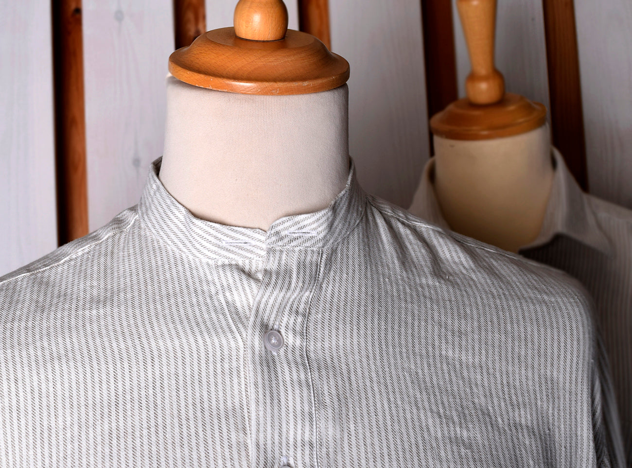 Linen / Cotton Stripe Grandad Work Shirt - Collar Attached or Collarless (SH2210)