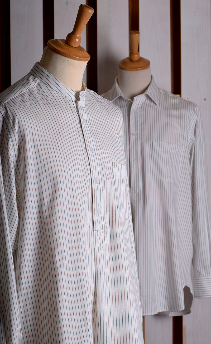 Neckband or Collarless Green Brown Striped Workshirt (SH220NB)