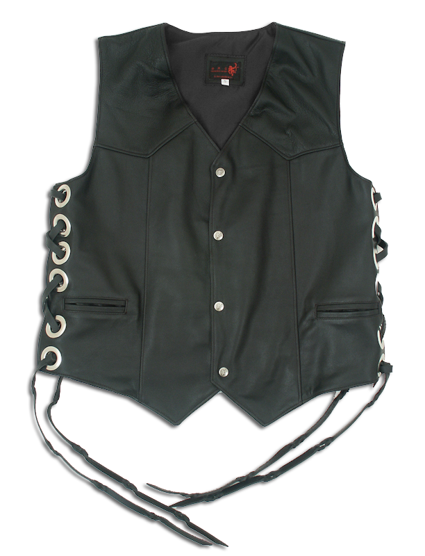 Black Leather Lace Up Large Grommet Vest 0478