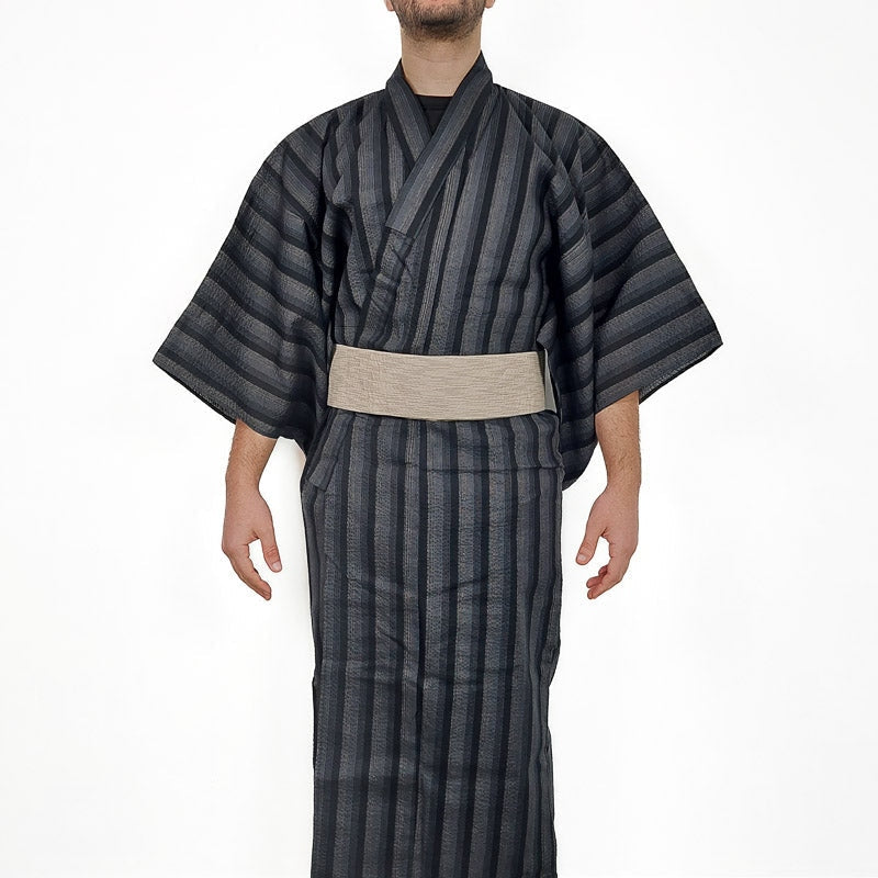 Men Grey Striped Yukata and Obi Belt Set