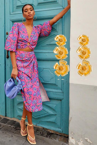 Pink flower earrings with top and skirt set for high school graduation