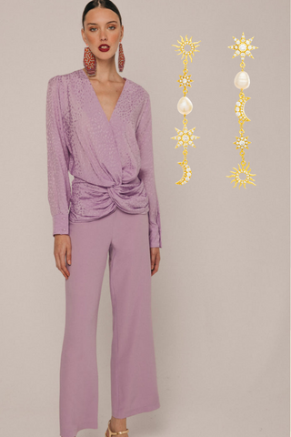 Total lilac spring evening wedding look with long earrings moons, sun and stars