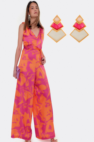 Pink guest jumpsuit with pink earrings for guest