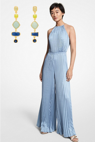 Gold and blue long earrings with light blue jumpsuit