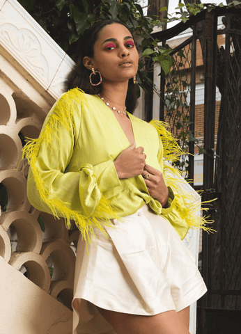 Bougainvillea and aqua green earrings to complement a bougainvillea look by LAVANI