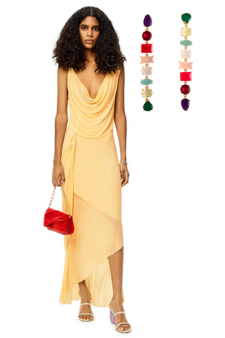 Sophisticated yellow dress with multicolored earrings with yellow stones
