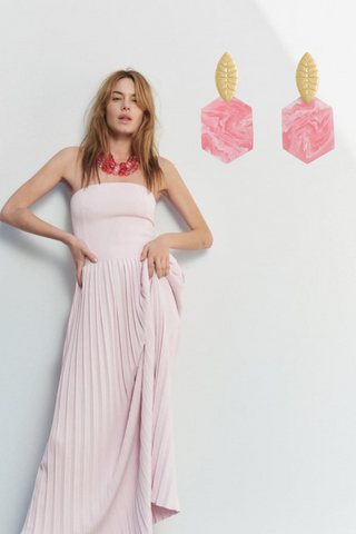 Pale pink pleated dress with pink marble earrings