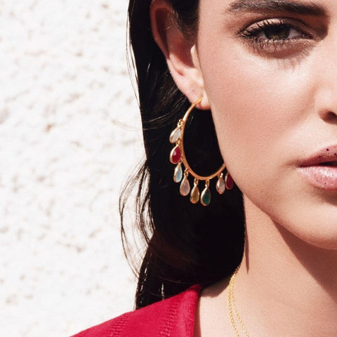 Hoop earrings with colored stones for a short red dress