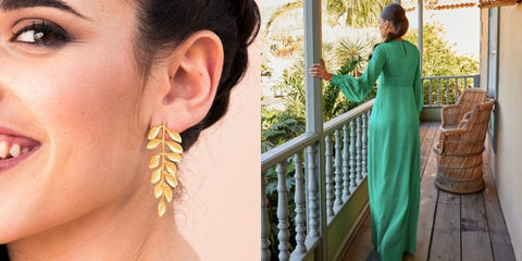 Boucles d'oreilles feuilles d'or pour les mariages avec une longue robe verte pour l'invitée parfaite