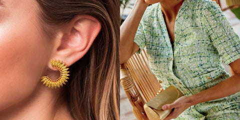 Gold earrings for minimalist weddings with green suit