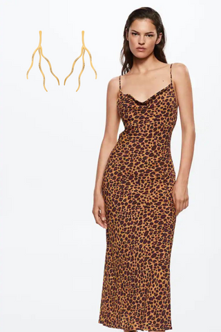 Leopard print dress with large earrings